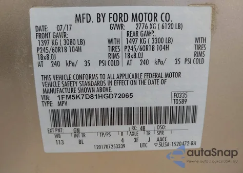 2017 Ford Explorer Xlt z USA, uszkodzony, nr VIN 1FM5K7D81HGD72065